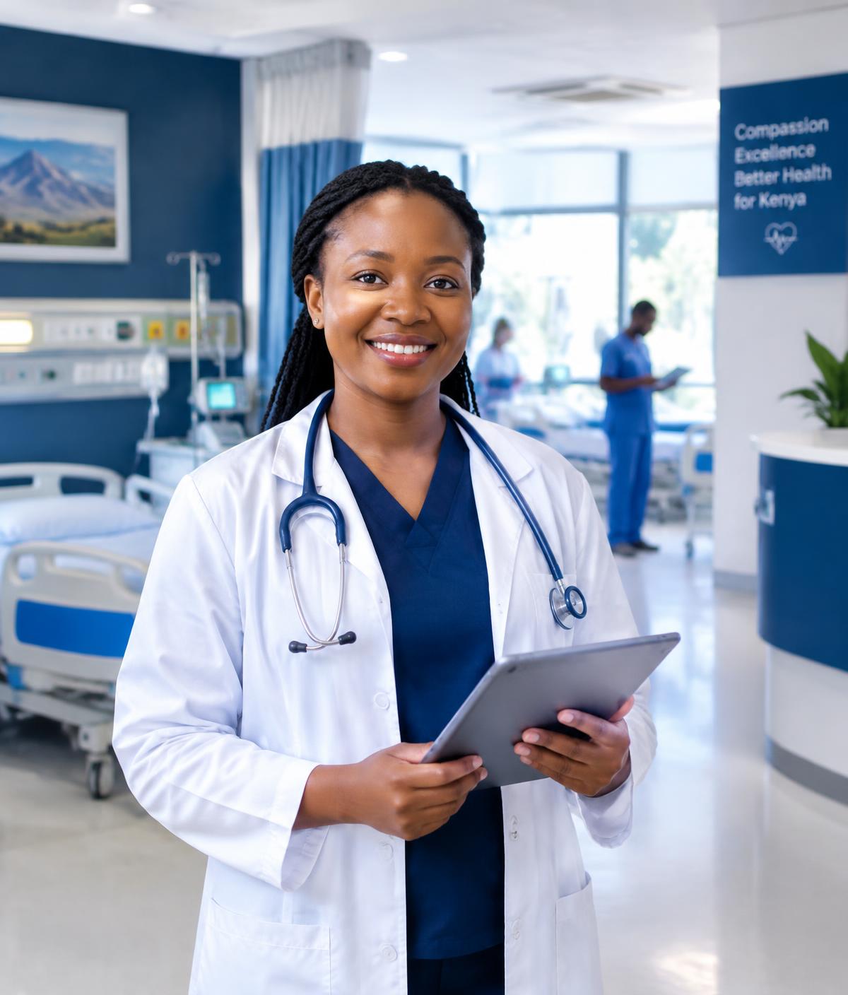Doctor using MediCore360 on a tablet in a Kenyan hospital ward